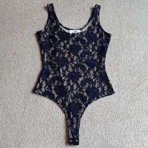 BELLE BADGLEY MISCHKA BLUE NUDE LACE Floral BODYSUIT KNIT Top STRETCH Tank Top